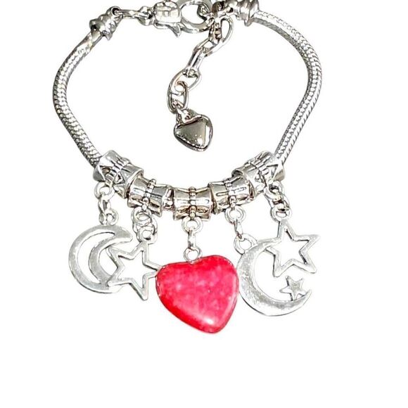 Silver Red Stone Heart Shaped Moon Adjustable Bracelet - Picture 1 of 3